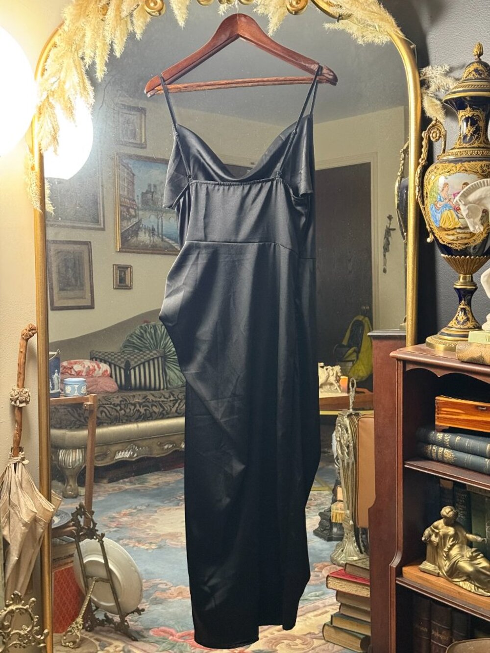 Shein Black Satin Cocktail Wrap Dress with Spaghetti Straps - Picture 7 of 8